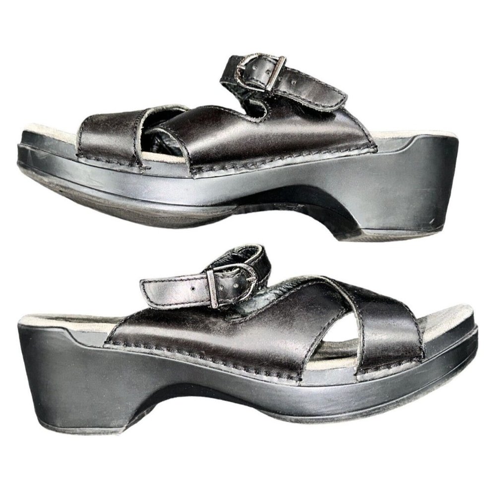 Dansko Sandals Womens 38 Sela Cross Strap Slip On Wedge Slide Black Leather - Picture 6 of 7